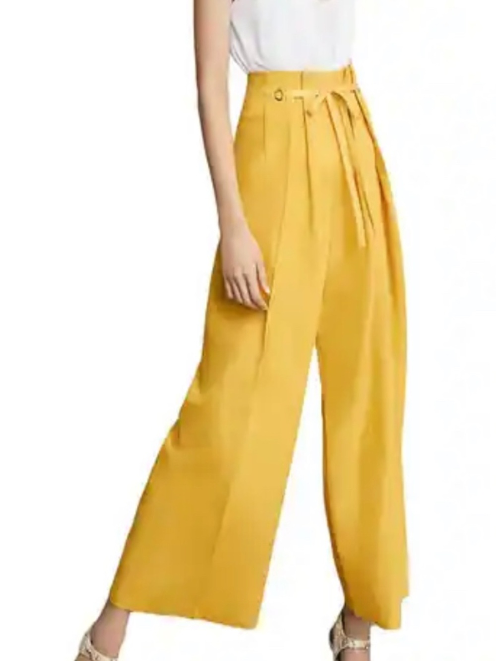 BCBGMAXAZRIA Wide Leg Linen Pants XS Yellow High Waist Tie Belt Pleated
